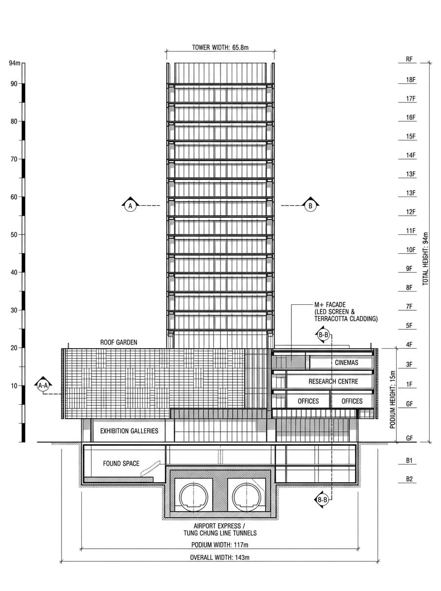 Architectural elevation drawing of M+ Museum, West Kowloon, Hong Kong