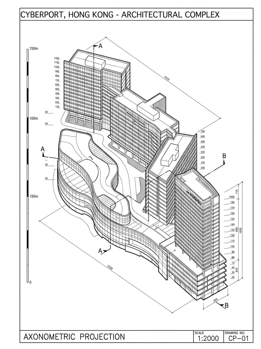 Architectural elevation drawing of Cyberport, Southern, Hong Kong
