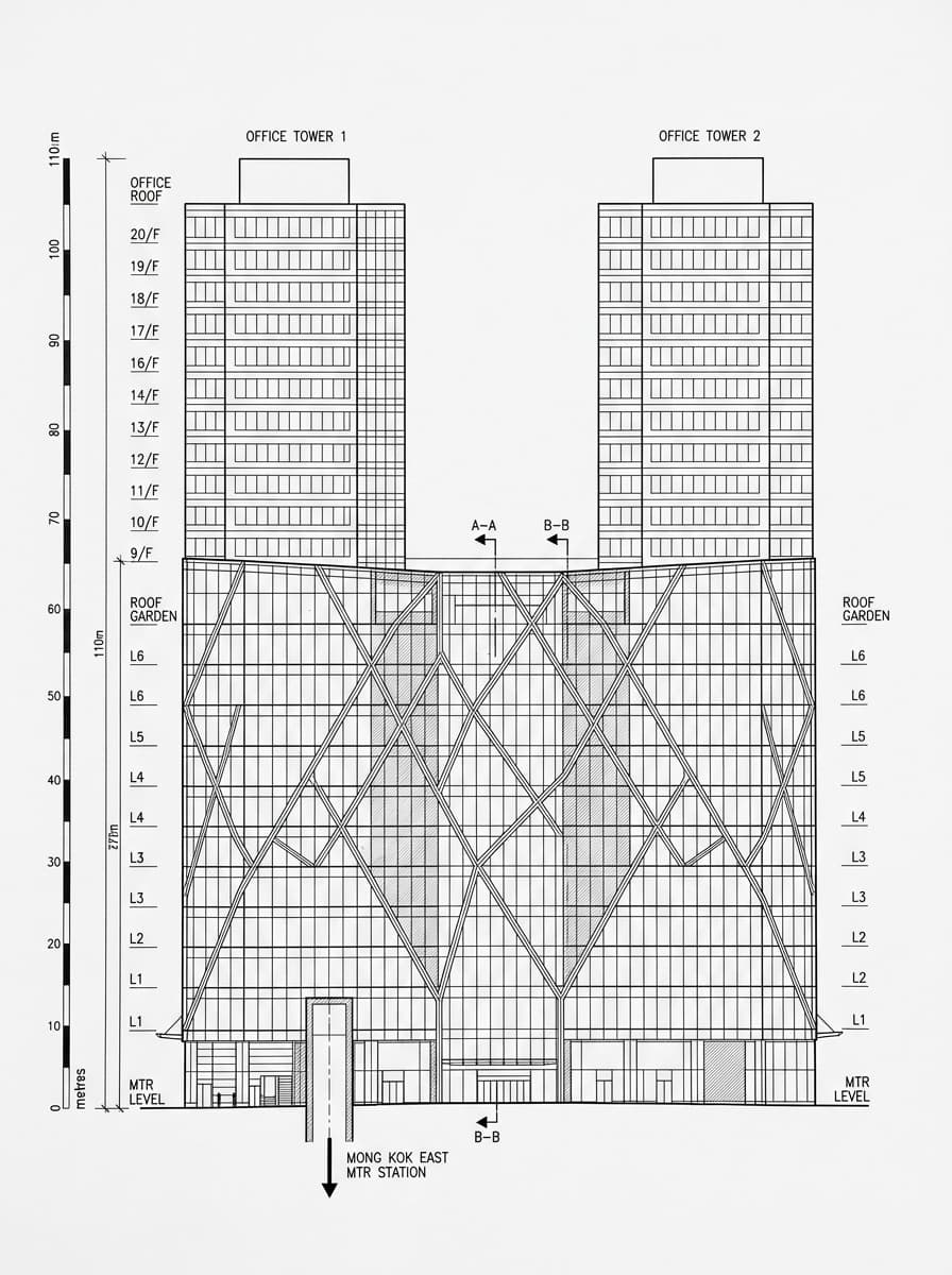 Architectural elevation drawing of Moko, Yau Tsim Mong, Hong Kong