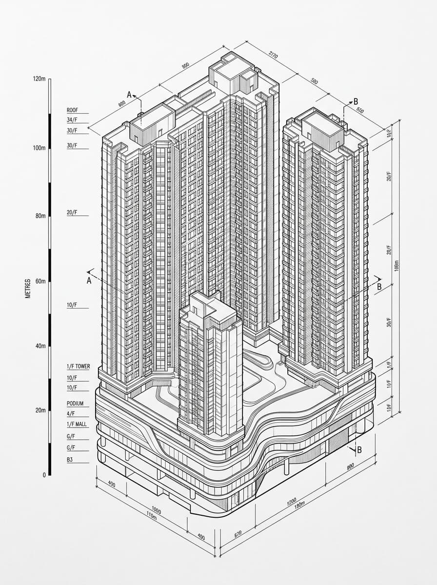 Architectural elevation drawing of Southside, Southern, Hong Kong