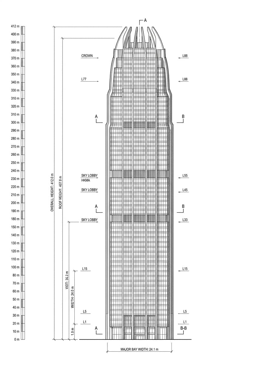 Architectural elevation drawing of Two International Finance Centre, Central, Hong Kong