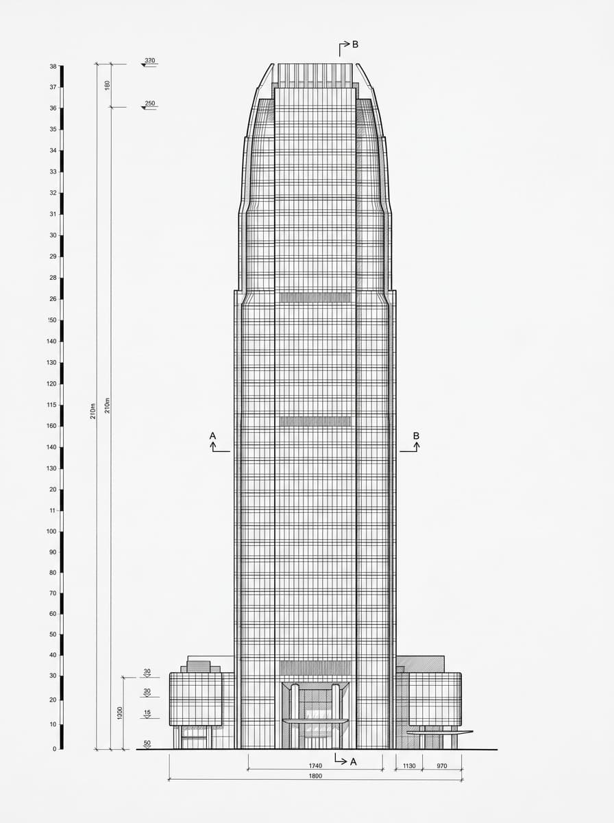 Architectural elevation drawing of One International Finance Centre, Central, Hong Kong