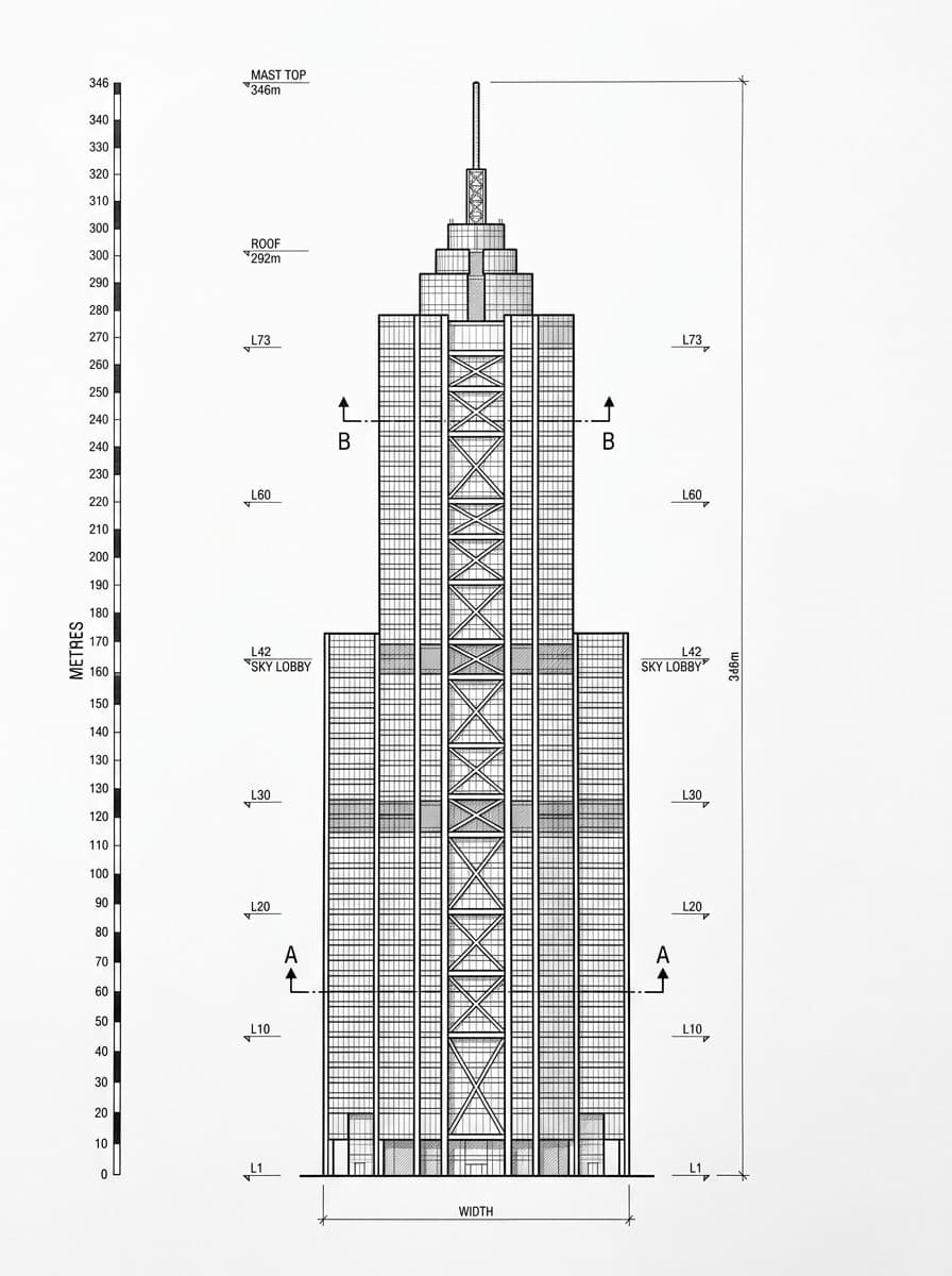 Architectural elevation drawing of The Center, Central, Hong Kong
