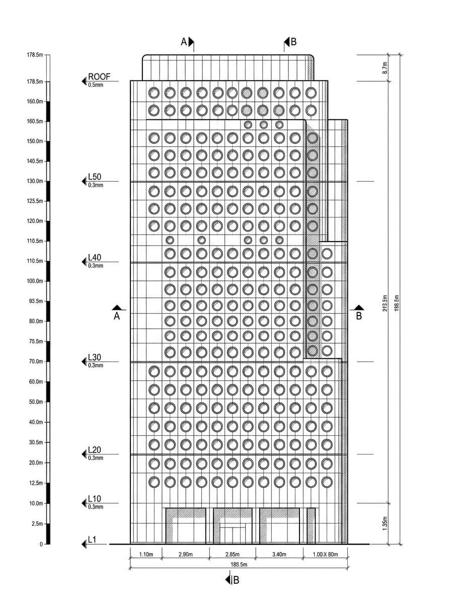 Architectural elevation drawing of Jardine House, Central, Hong Kong