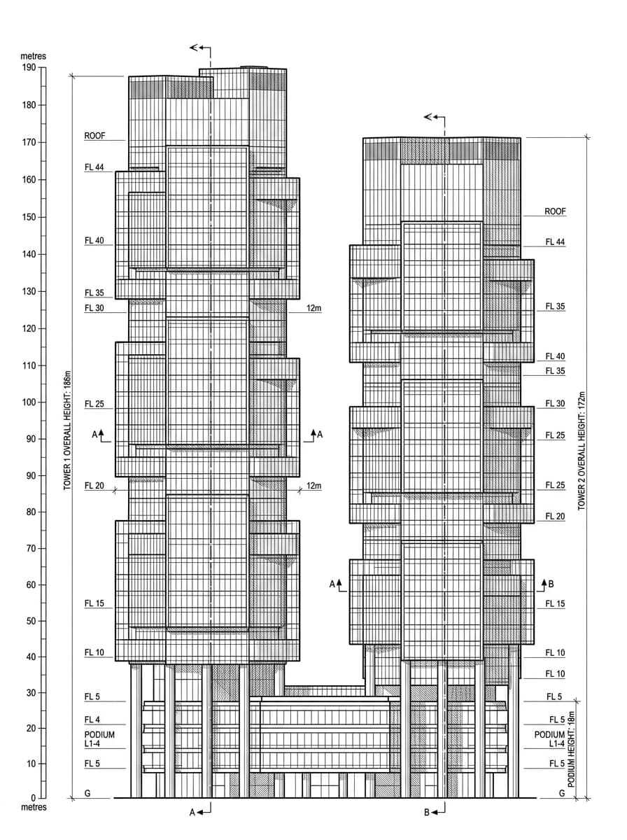 Architectural elevation drawing of Lippo Centre, Admiralty, Hong Kong