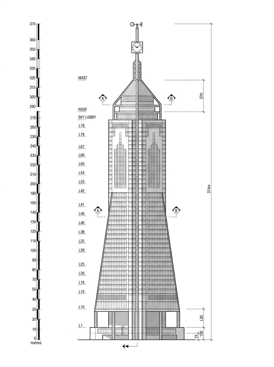 Architectural elevation drawing of Central Plaza, Wan Chai, Hong Kong