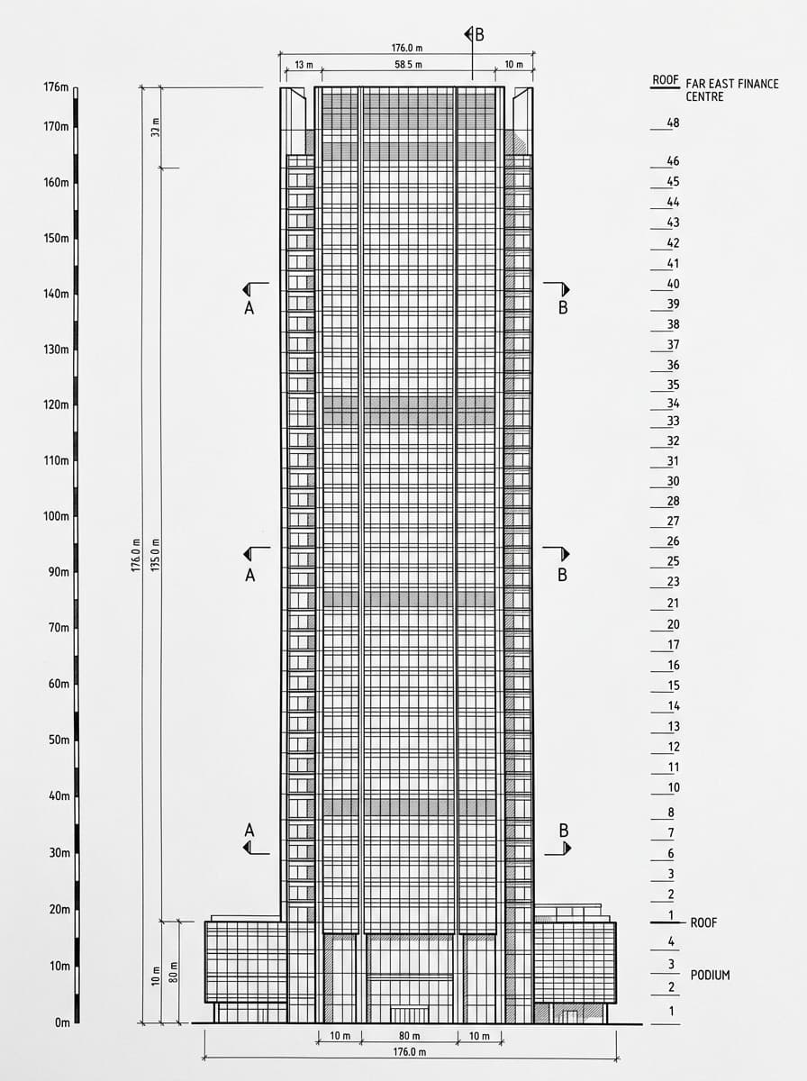 Architectural elevation drawing of Far East Finance Centre, Admiralty, Hong Kong