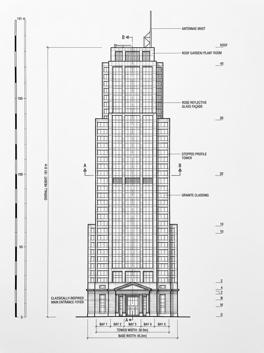 Architectural elevation drawing of Standard Chartered Bank Building, Central, Hong Kong