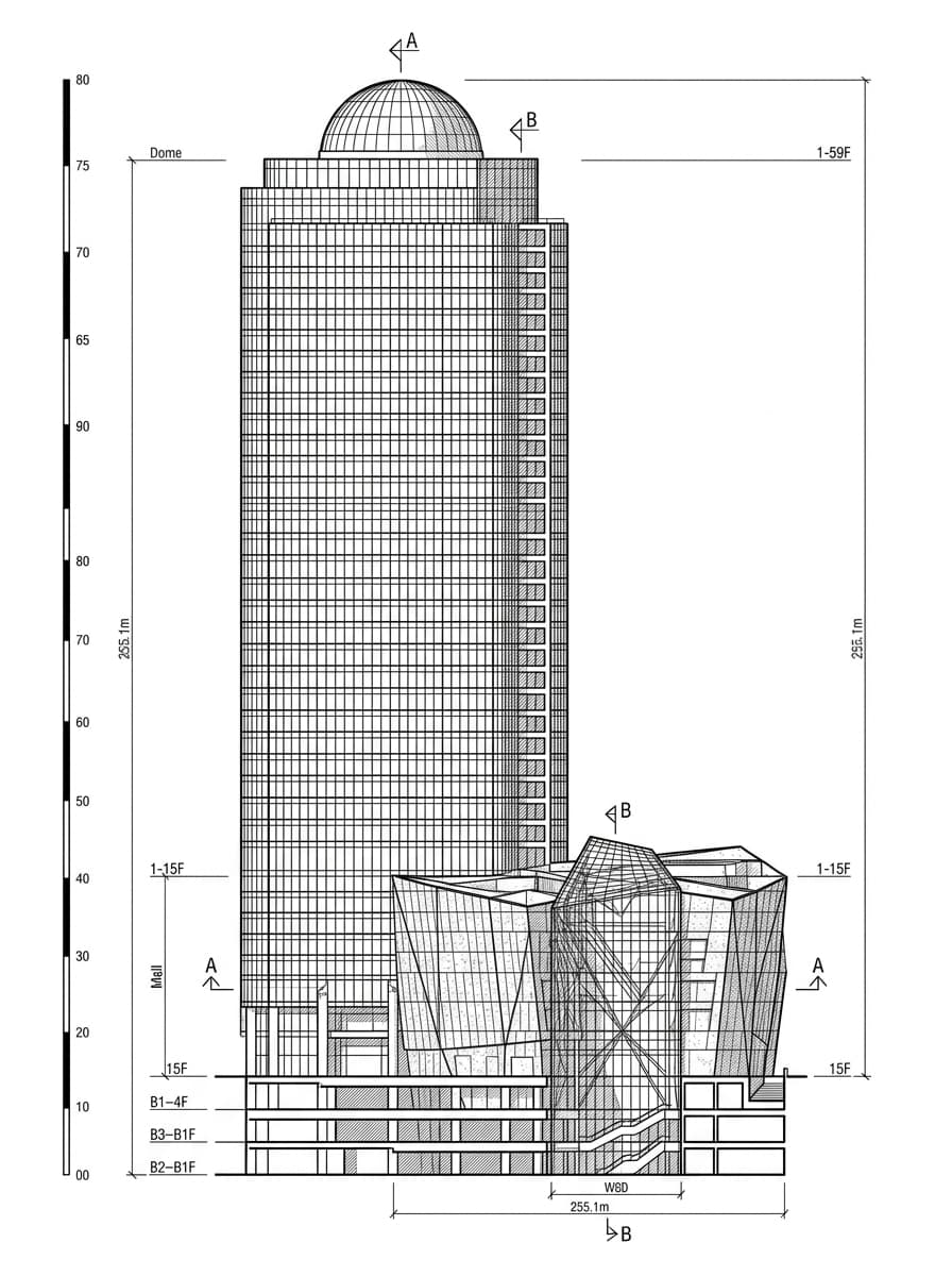 Architectural elevation drawing of Langham Place Tower, Mong Kok, Hong Kong
