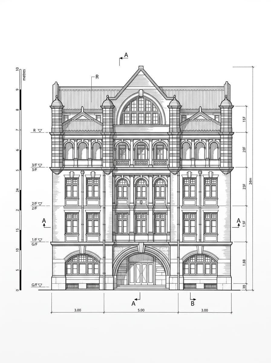 Architectural elevation drawing of Western Market, Sheung Wan, Hong Kong