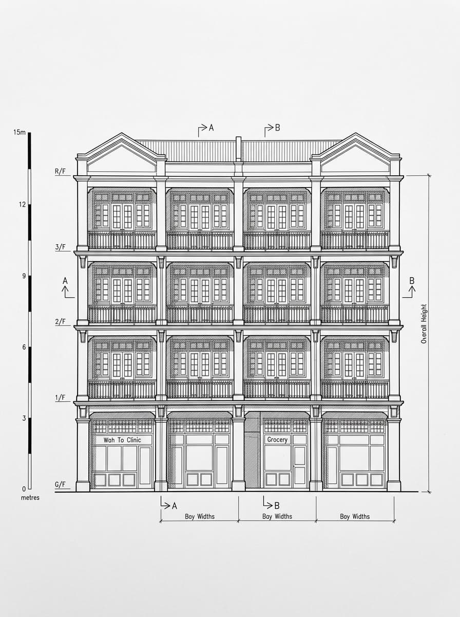 Architectural elevation drawing of Blue House Cluster, Wan Chai, Hong Kong