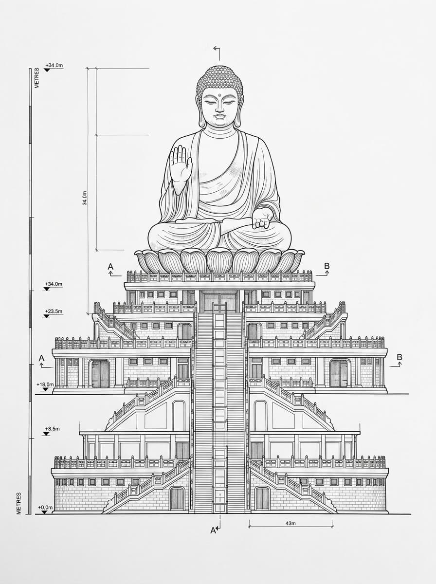 Architectural elevation drawing of Tian Tan Buddha, Islands, Hong Kong