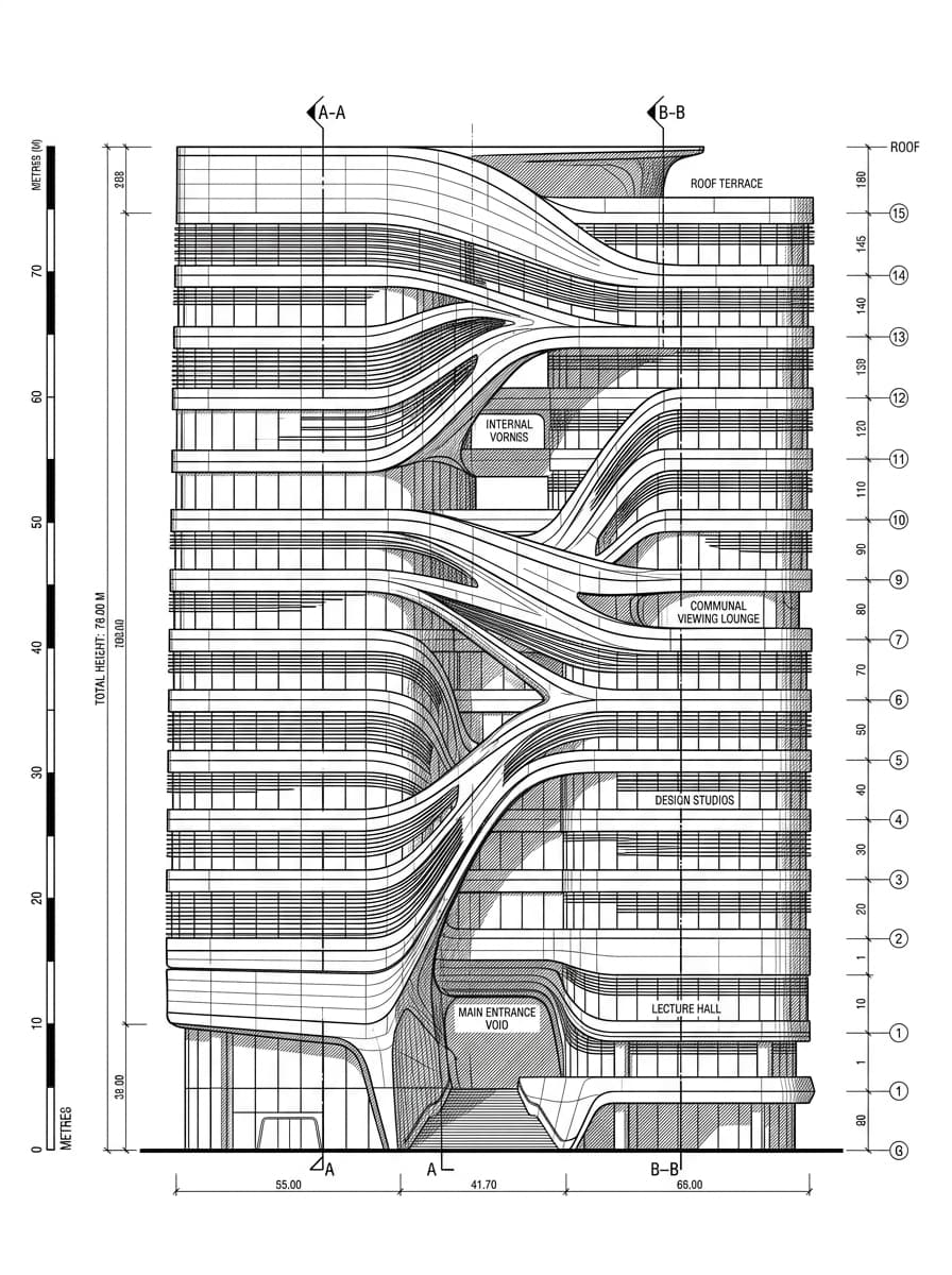Architectural elevation drawing of PolyU Jockey Club Innovation Tower, Hung Hom, Hong Kong