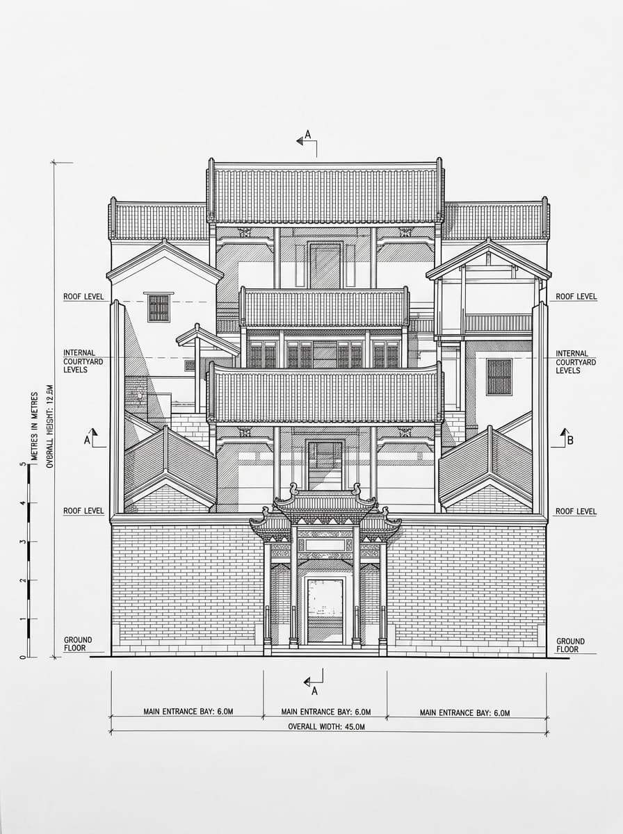 Architectural elevation drawing of Sam Tung Uk Museum, Tsuen Wan, Hong Kong