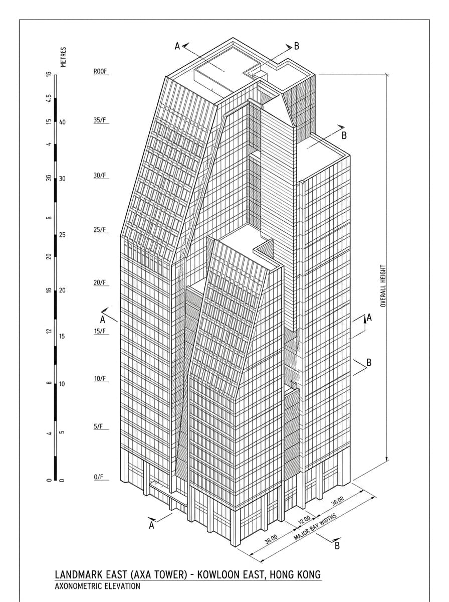 Architectural elevation drawing of Landmark East (AXA Tower), Kwun Tong, Hong Kong