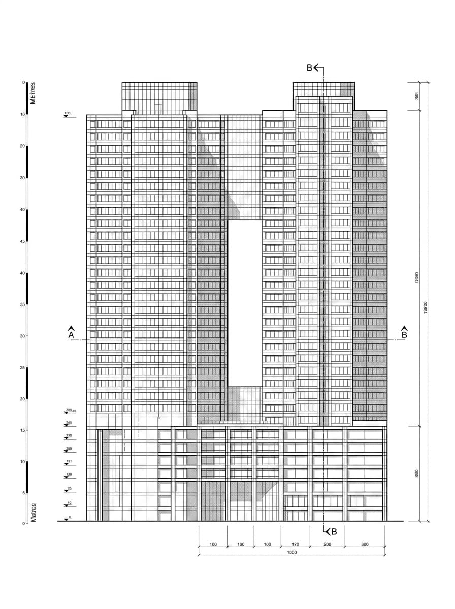 Architectural elevation drawing of The Gateway, Tsim Sha Tsui, Hong Kong