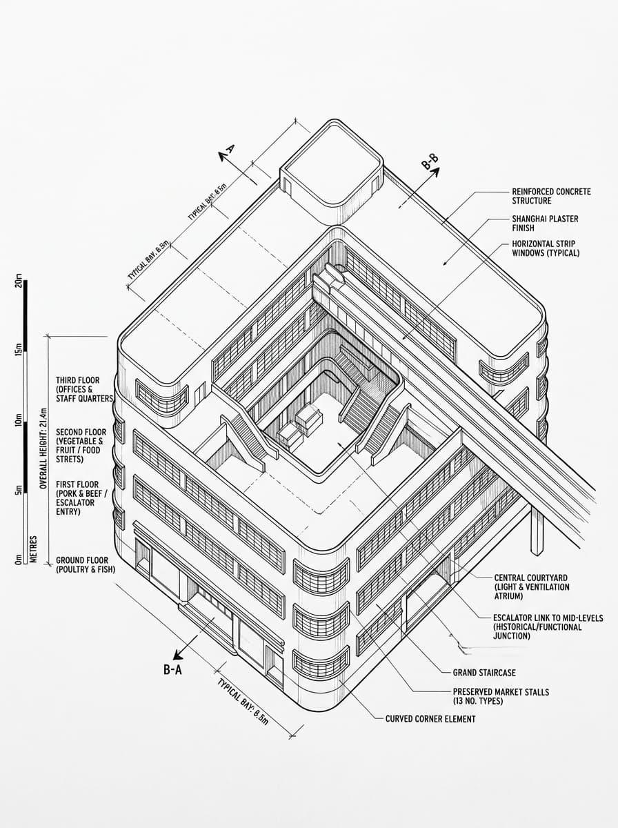 Architectural elevation drawing of Central Market, Central, Hong Kong