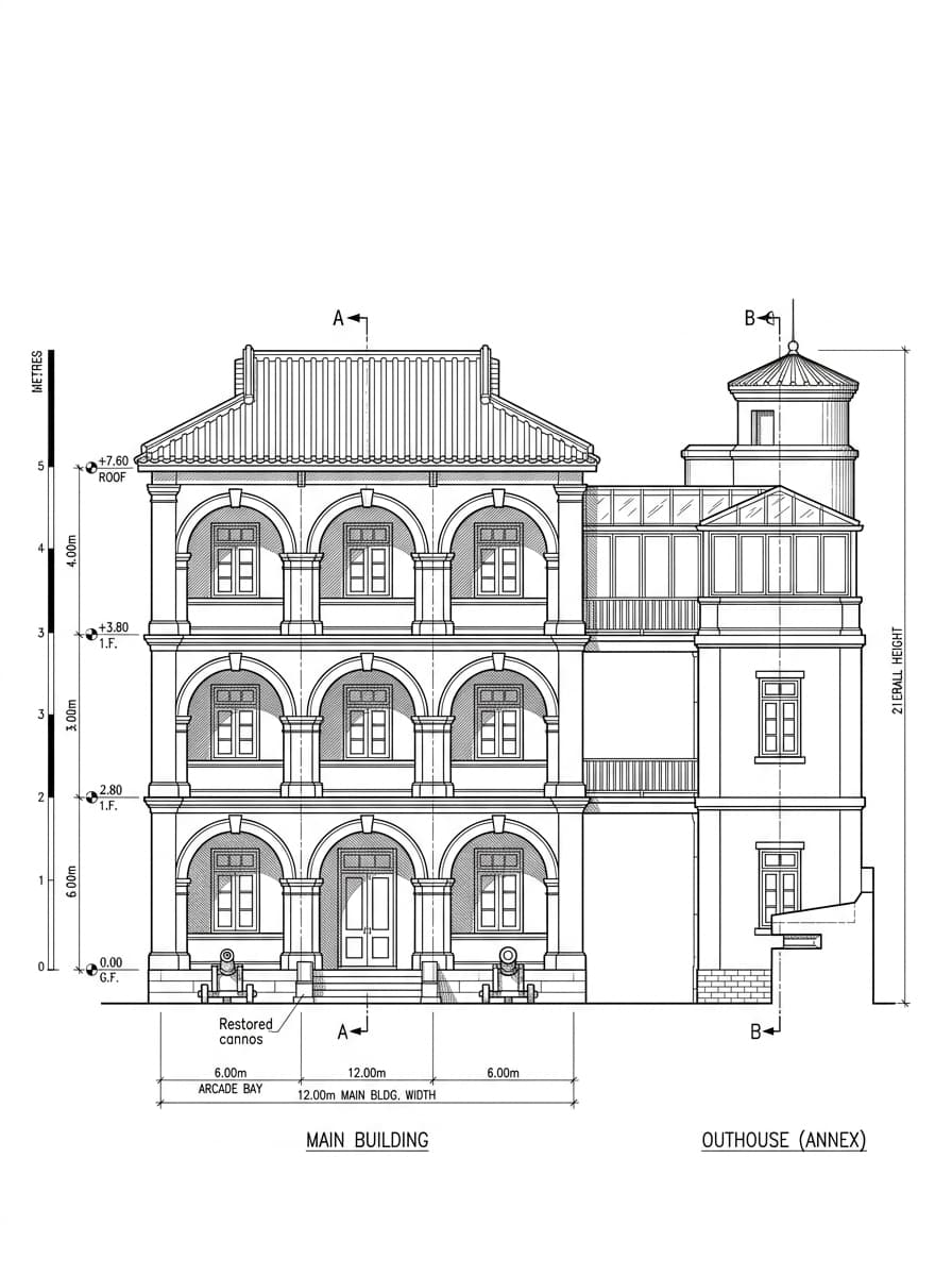 Architectural elevation drawing of Tai O Heritage Hotel, Islands, Hong Kong