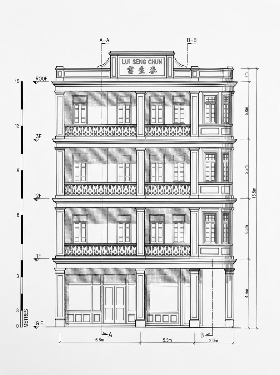 Architectural elevation drawing of Lui Seng Chun, Yau Tsim Mong, Hong Kong