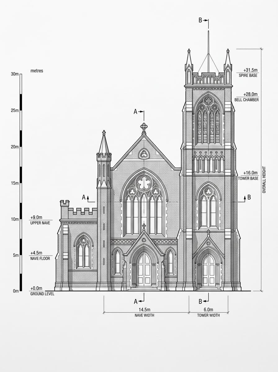 Architectural elevation drawing of St. Andrew's Church, Tsim Sha Tsui, Hong Kong