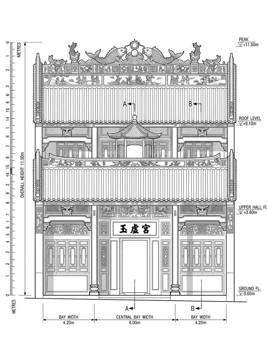 Architectural elevation drawing of Pak Tai Temple, Wan Chai, Hong Kong