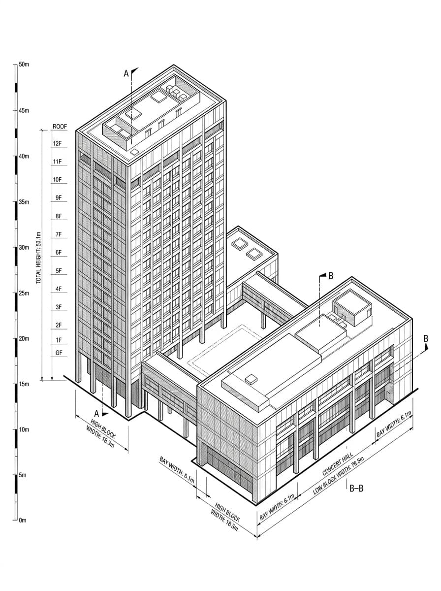 Architectural elevation drawing of Hong Kong City Hall, Central, Hong Kong
