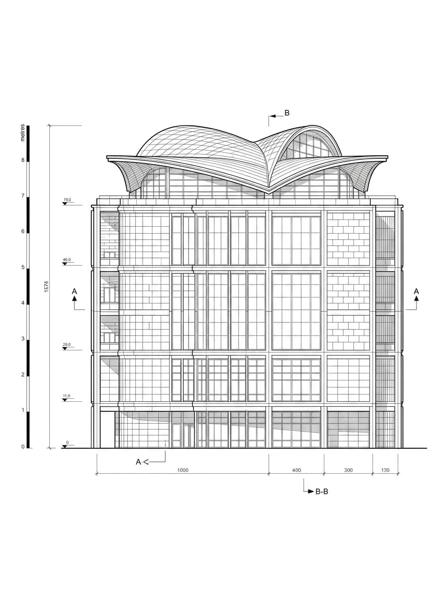Architectural elevation drawing of Hong Kong Museum of History, Tsim Sha Tsui, Hong Kong