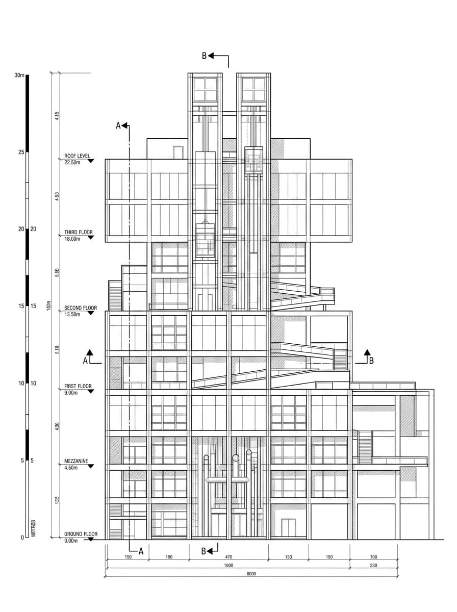 Architectural elevation drawing of Hong Kong Science Museum, Tsim Sha Tsui, Hong Kong
