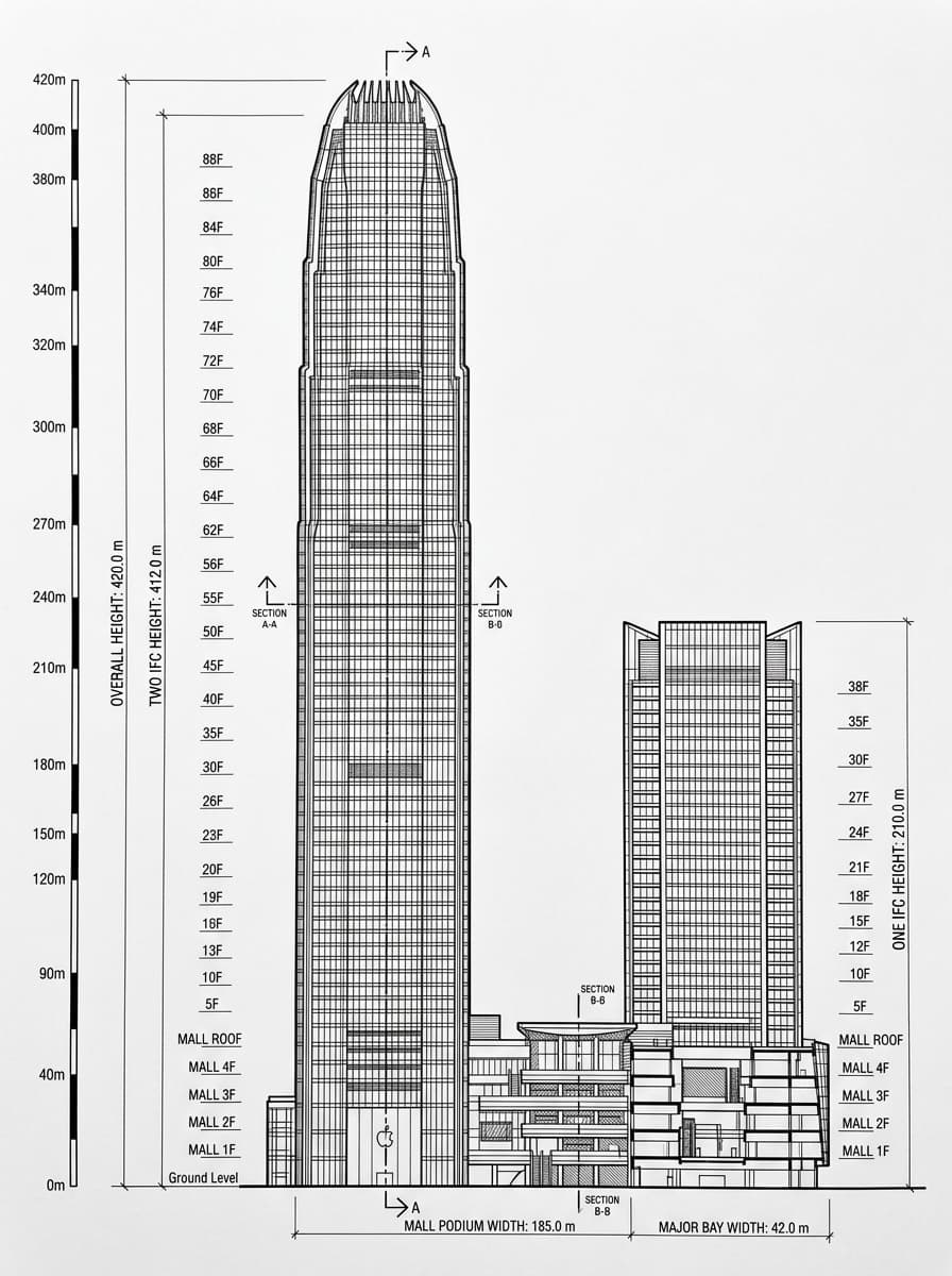 Architectural elevation drawing of IFC Mall, Central, Hong Kong