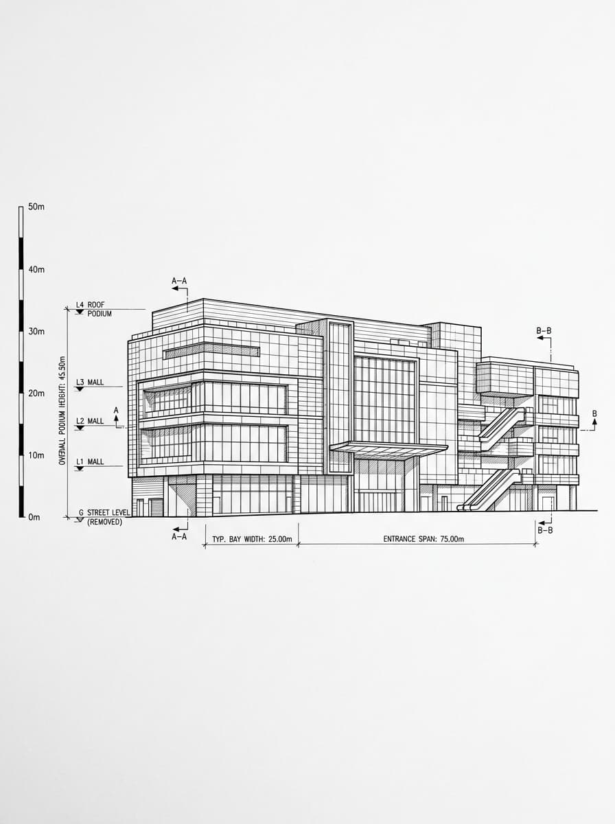 Architectural elevation drawing of Elements Mall, West Kowloon, Hong Kong