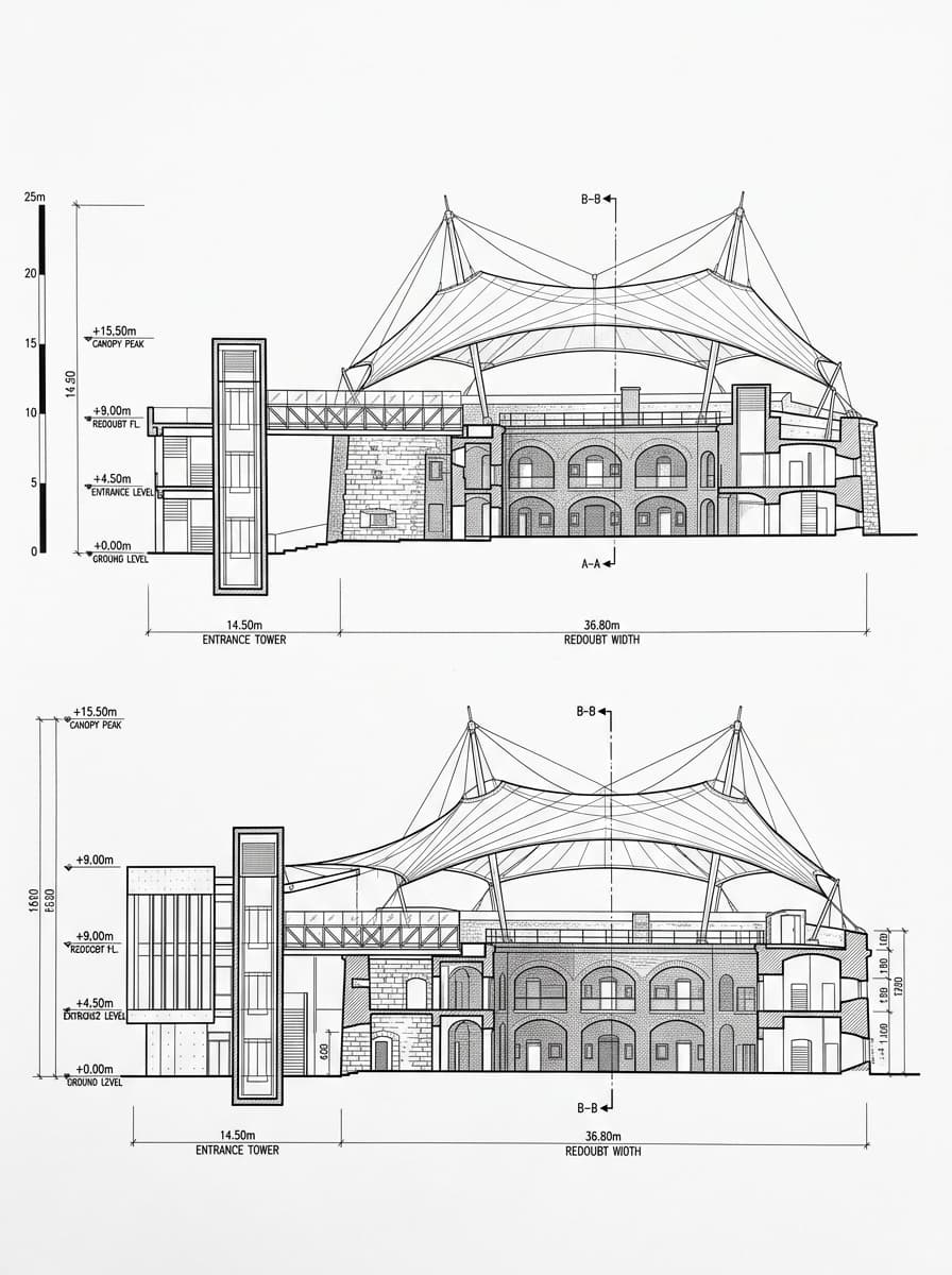Architectural elevation drawing of Hong Kong Museum of Coastal Defence, Eastern, Hong Kong