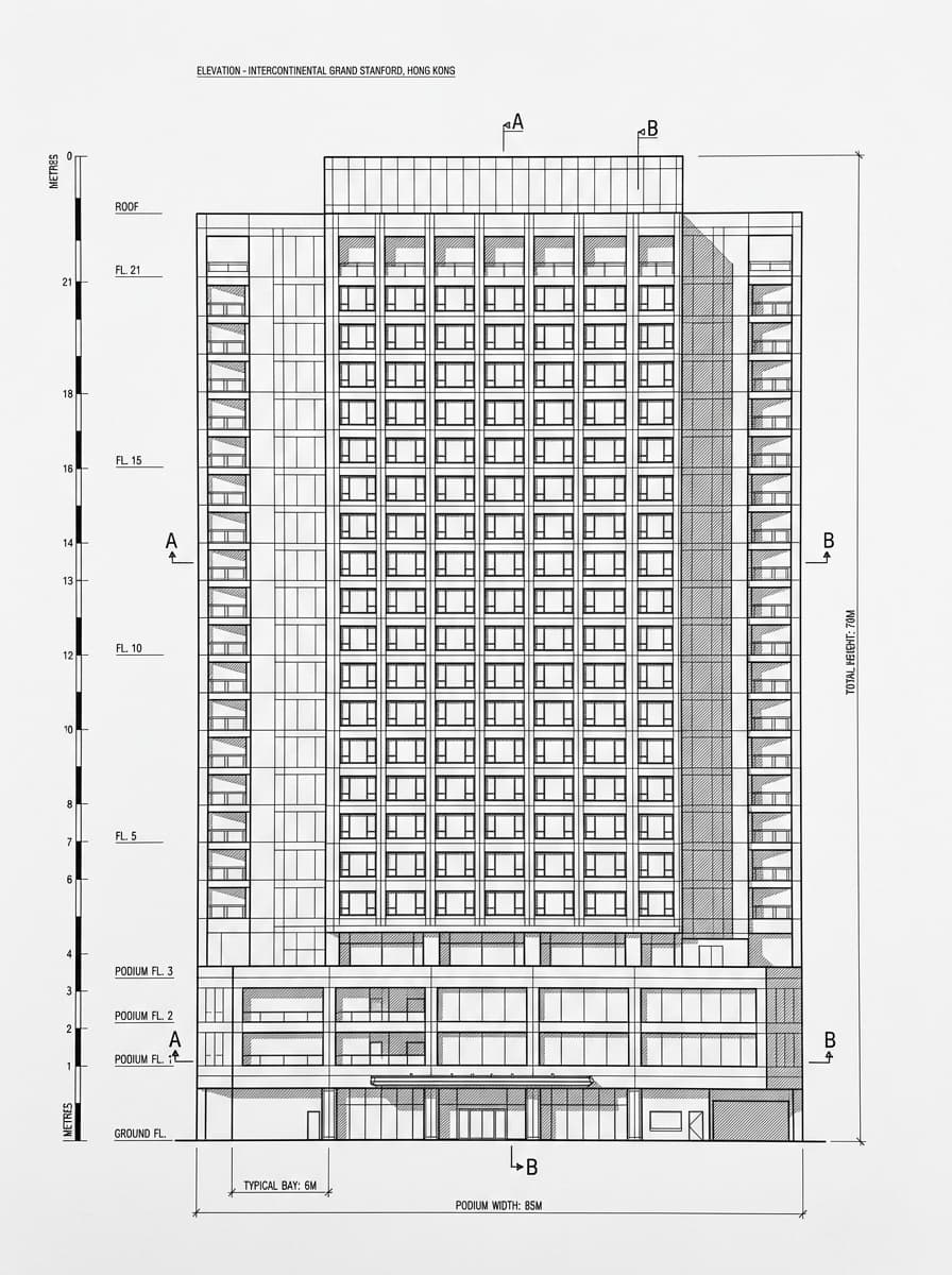 Architectural elevation drawing of InterContinental Grand Stanford, Tsim Sha Tsui, Hong Kong