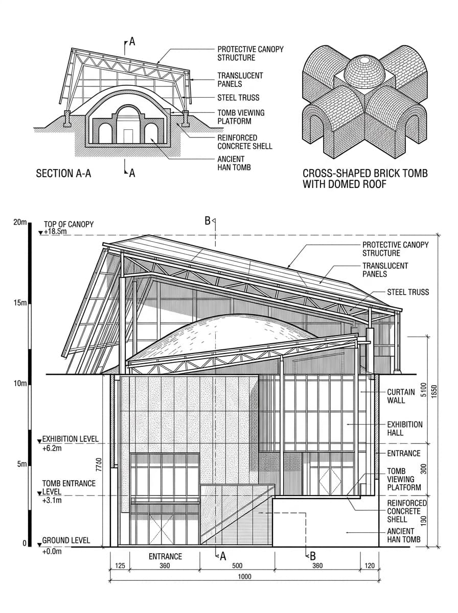 Architectural elevation drawing of Lei Cheng Uk Han Tomb Museum, Sham Shui Po, Hong Kong