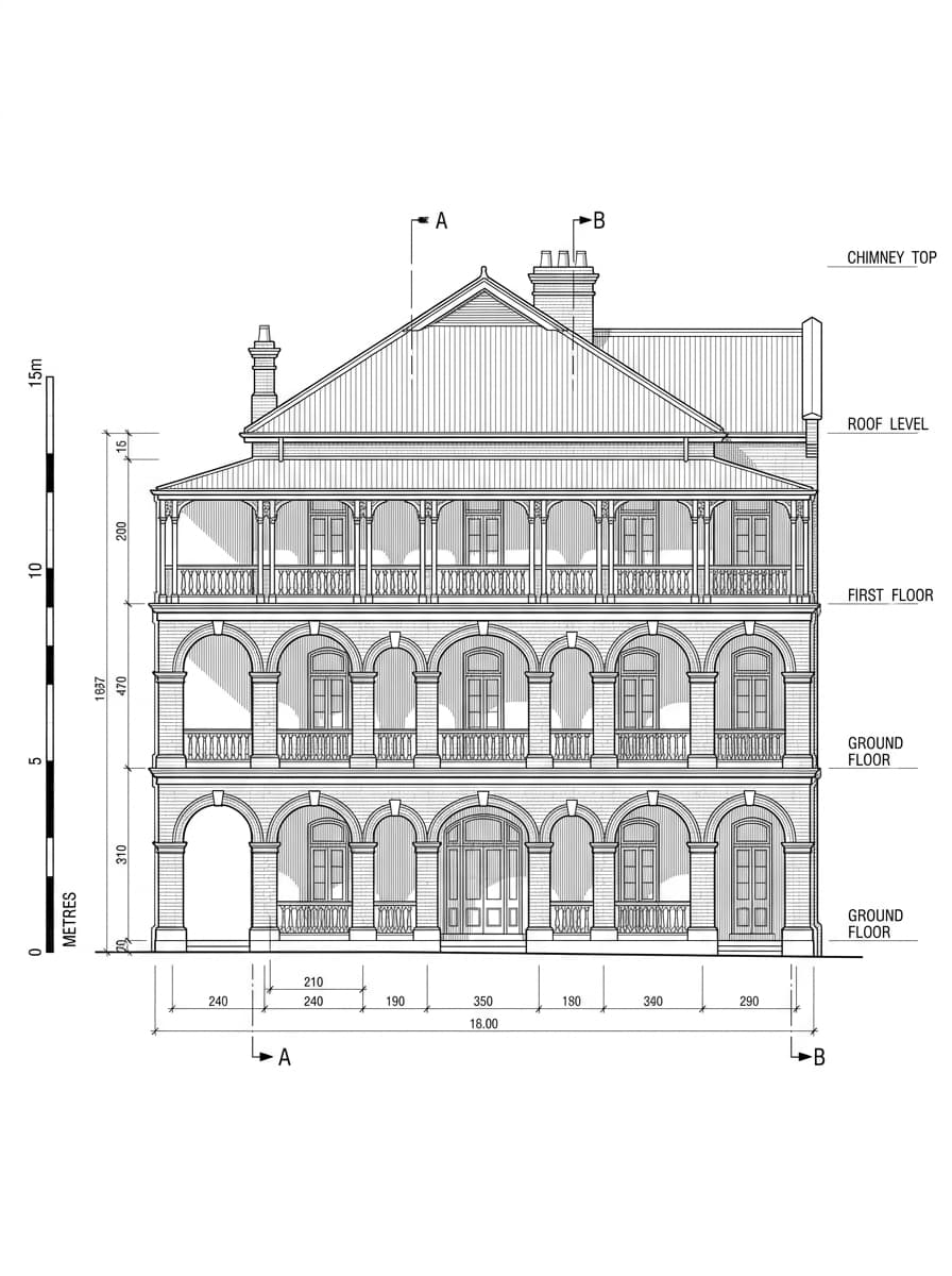 Architectural elevation drawing of Former Kowloon British School, Tsim Sha Tsui, Hong Kong