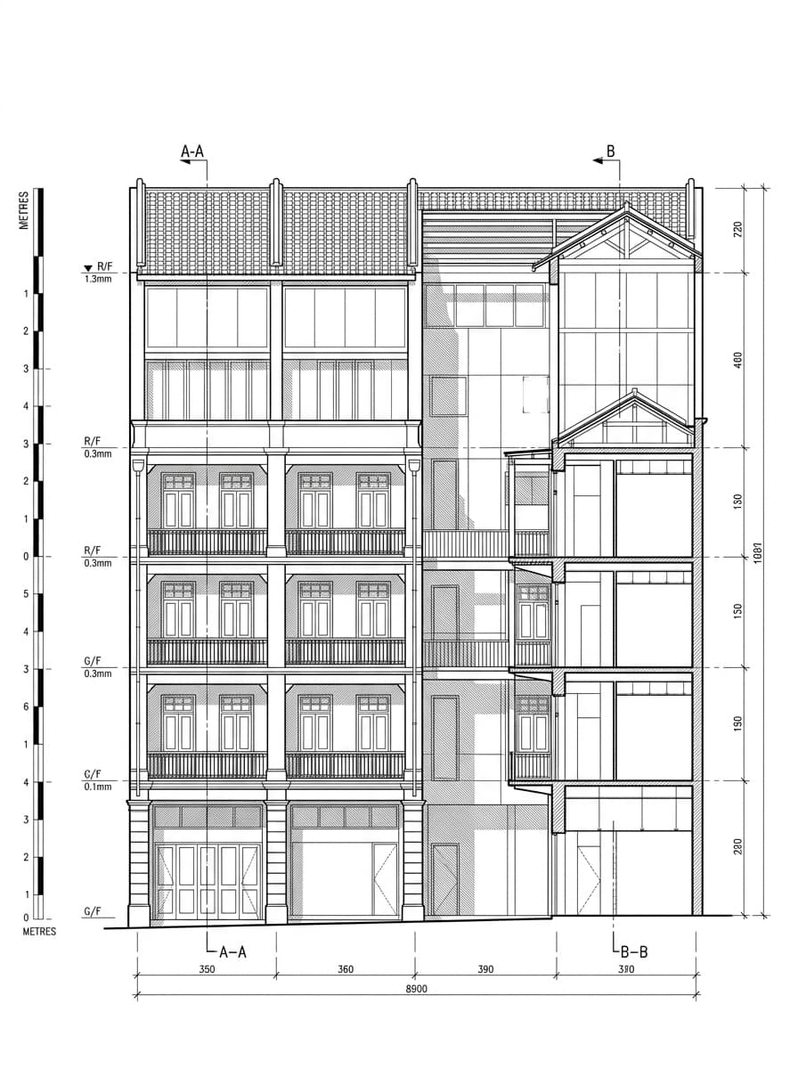 Architectural elevation drawing of Comix Home Base / 7 Mallory Street, Wan Chai, Hong Kong