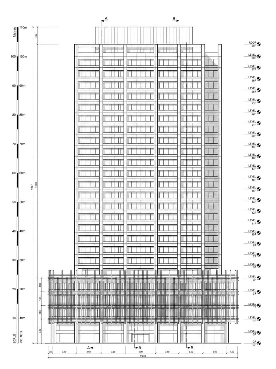 Architectural elevation drawing of Prince's Building, Central, Hong Kong