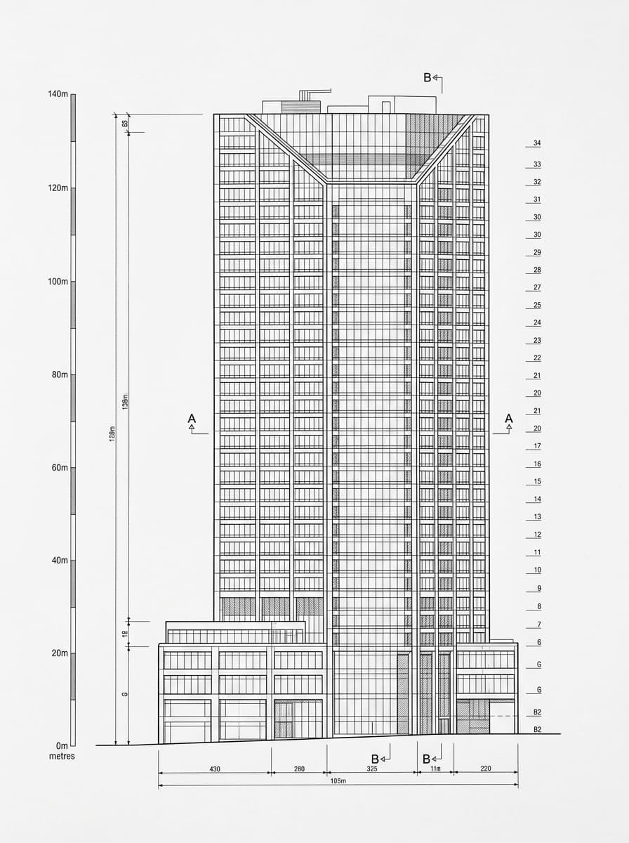 Architectural elevation drawing of Alexandra House, Central, Hong Kong