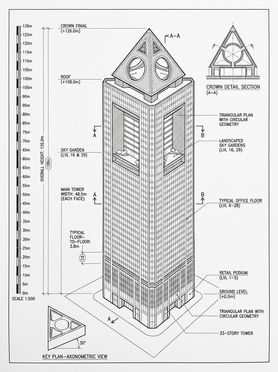Architectural elevation drawing of CITIC Tower, Admiralty, Hong Kong