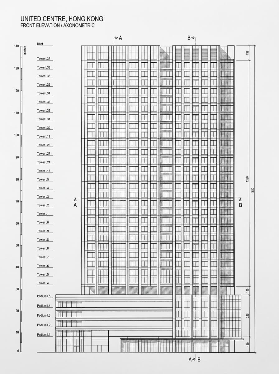 Architectural elevation drawing of United Centre, Admiralty, Hong Kong