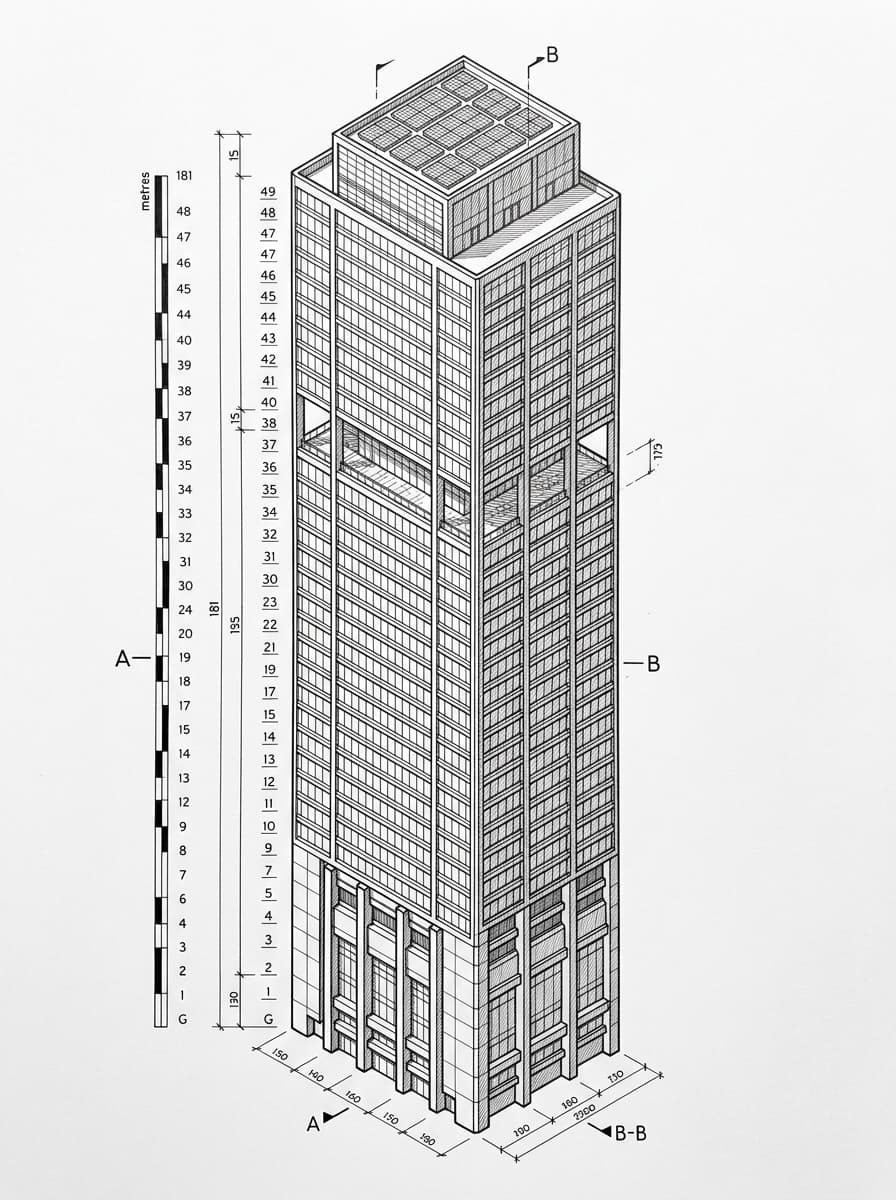 Architectural elevation drawing of Wanchai Tower, Wan Chai, Hong Kong