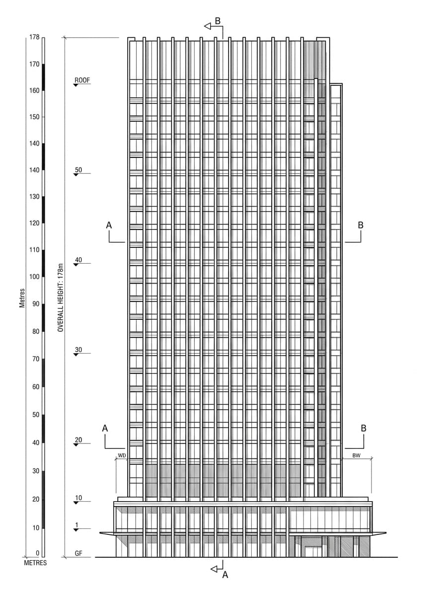 Architectural elevation drawing of China Resources Building, Wan Chai, Hong Kong