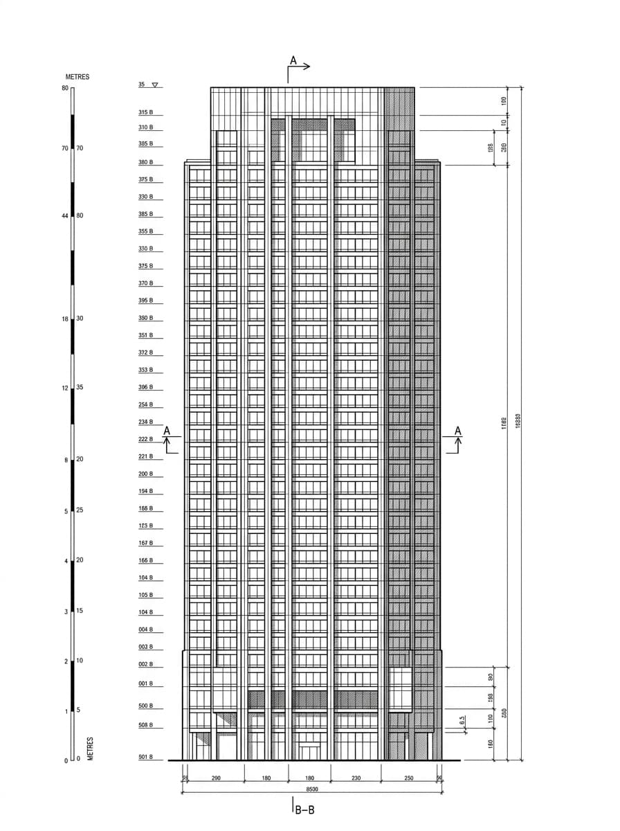 Architectural elevation drawing of Great Eagle Centre, Wan Chai, Hong Kong