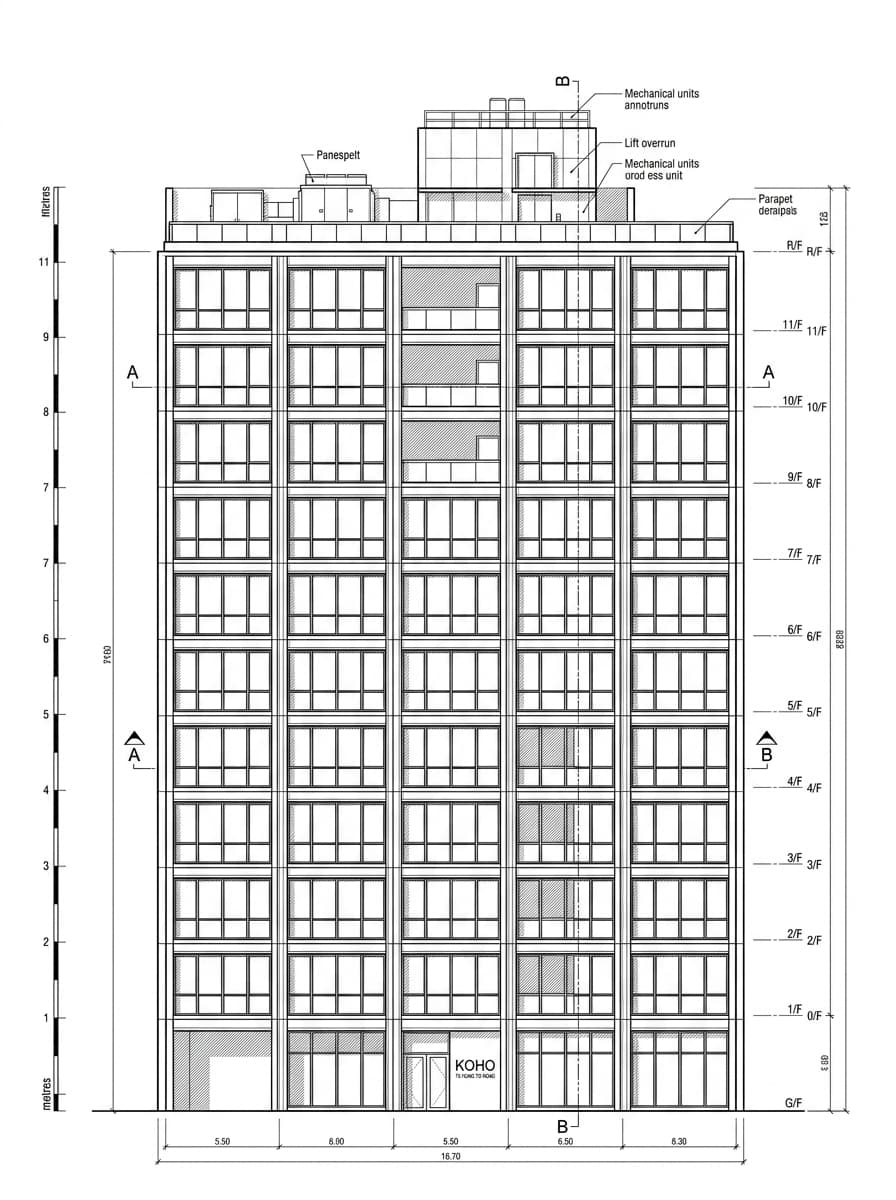 Architectural elevation drawing of KOHO, Kwun Tong, Hong Kong