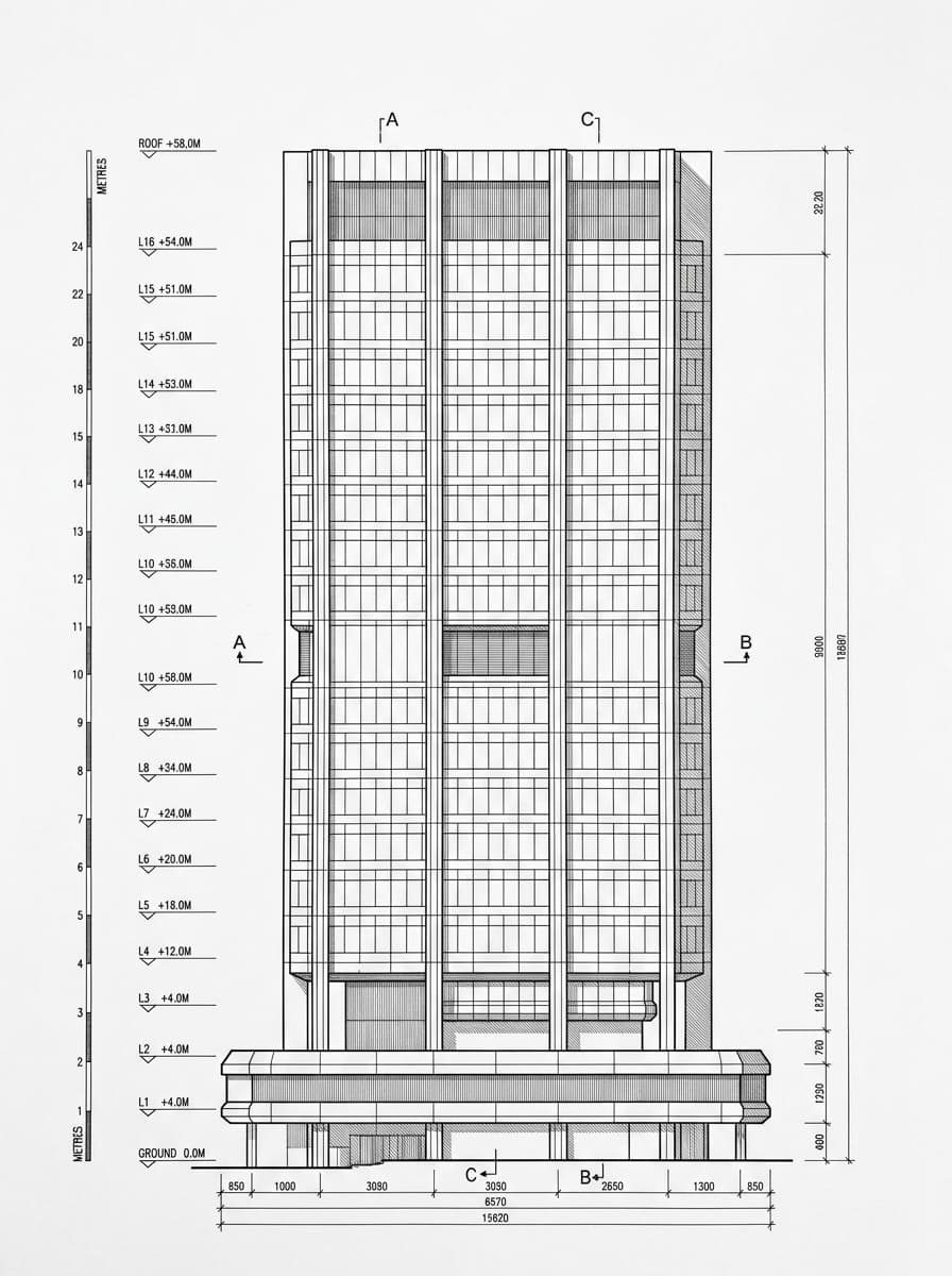 Architectural elevation drawing of Tsim Sha Tsui Centre, Tsim Sha Tsui, Hong Kong