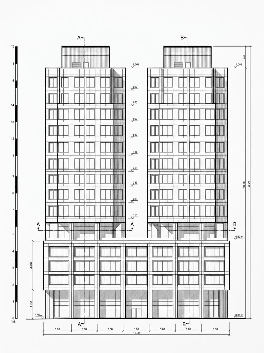 Architectural elevation drawing of New Mandarin Plaza, Tsim Sha Tsui, Hong Kong