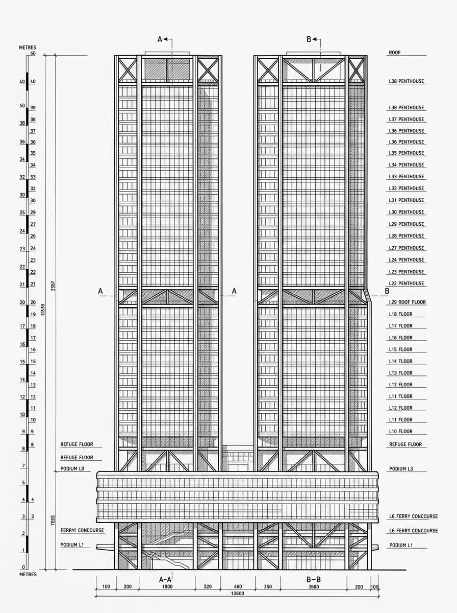 Architectural elevation drawing of Shun Tak Centre, Sheung Wan, Hong Kong