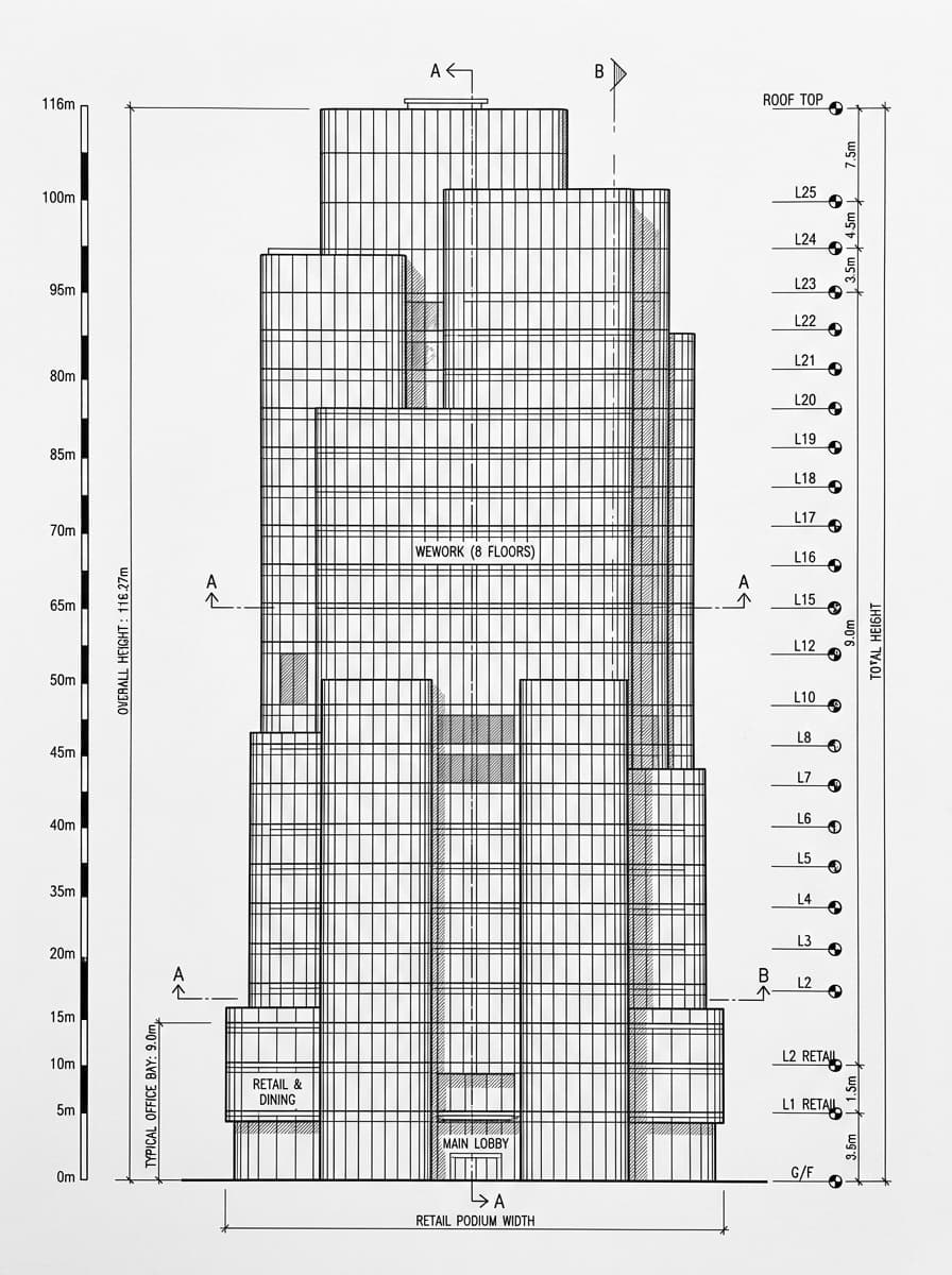Architectural elevation drawing of WeWork Tower 535, Causeway Bay, Hong Kong