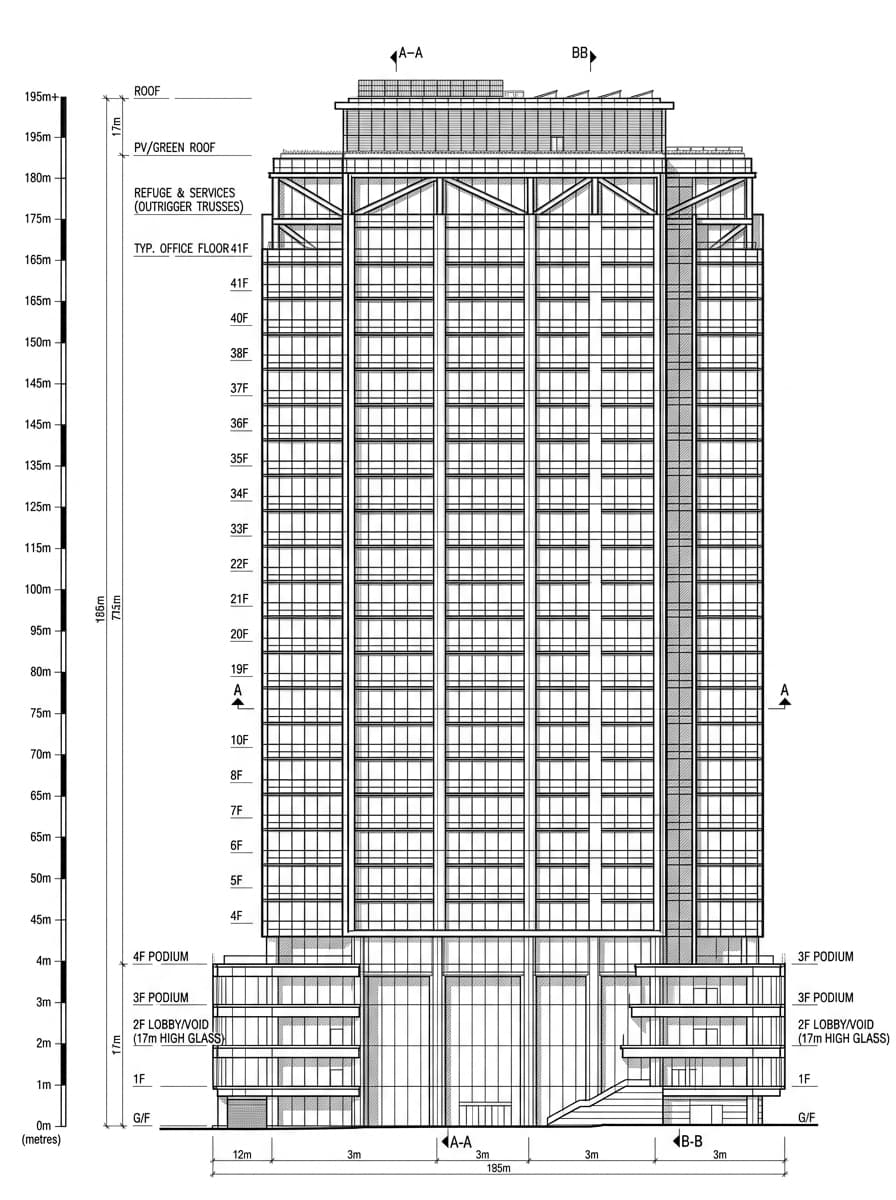 Architectural elevation drawing of WeWork One Taikoo Place, Eastern, Hong Kong