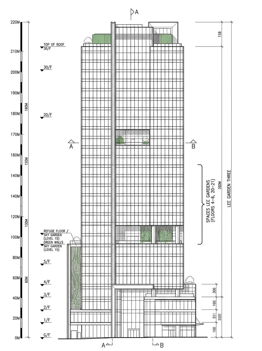 Architectural elevation drawing of Spaces Lee Gardens, Causeway Bay, Hong Kong