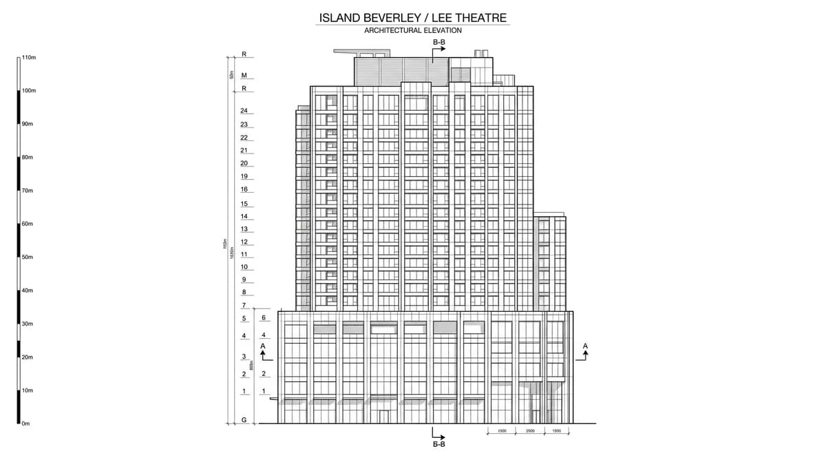 Architectural elevation drawing of Island Beverley / Lee Theatre, Causeway Bay, Hong Kong